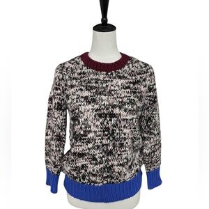 J.Crew XS Wool Blend Colorblock Chunky Knit Sweater Blue Hem Burgundy Collar